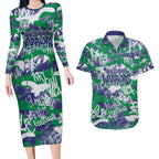 New Zealand Warriors Rugby Couples Matching Long Sleeve Bodycon Dress and Hawaiian Shirt Graffiti Typography Urban Camo Abstract Street Style