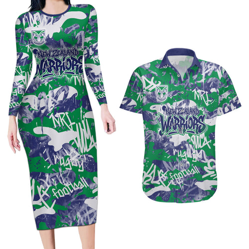New Zealand Warriors Rugby Couples Matching Long Sleeve Bodycon Dress and Hawaiian Shirt Graffiti Typography Urban Camo Abstract Street Style