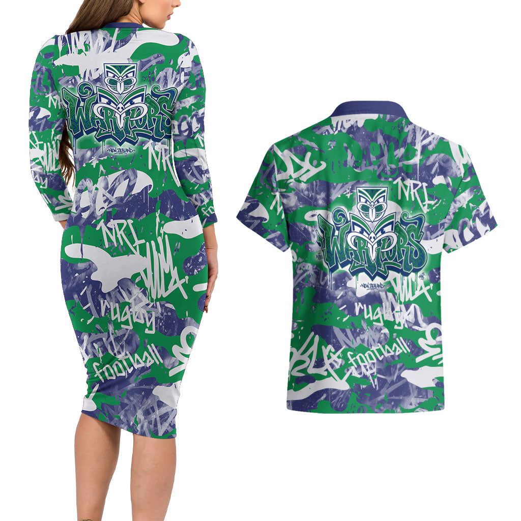 New Zealand Warriors Rugby Couples Matching Long Sleeve Bodycon Dress and Hawaiian Shirt Graffiti Typography Urban Camo Abstract Street Style