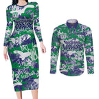 New Zealand Warriors Rugby Couples Matching Long Sleeve Bodycon Dress and Long Sleeve Button Shirt Graffiti Typography Urban Camo Abstract Street Style