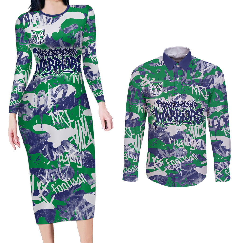 New Zealand Warriors Rugby Couples Matching Long Sleeve Bodycon Dress and Long Sleeve Button Shirt Graffiti Typography Urban Camo Abstract Street Style