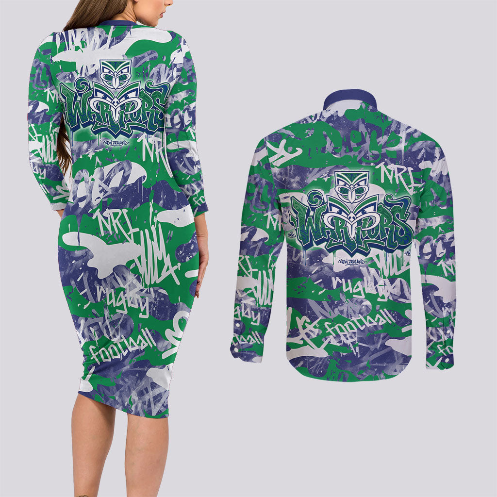 New Zealand Warriors Rugby Couples Matching Long Sleeve Bodycon Dress and Long Sleeve Button Shirt Graffiti Typography Urban Camo Abstract Street Style
