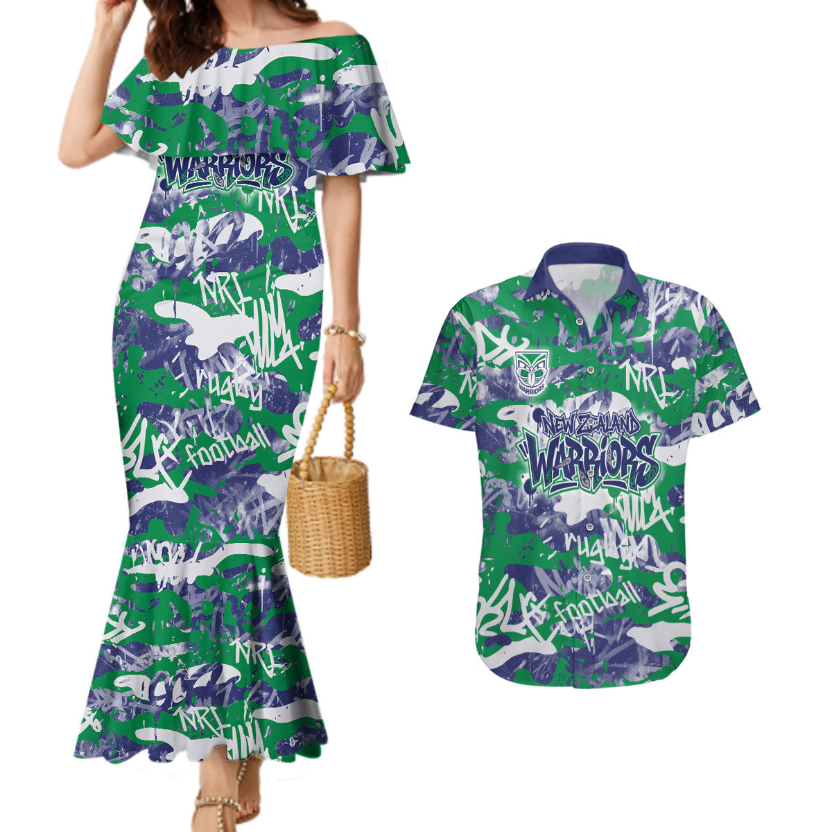 New Zealand Warriors Rugby Couples Matching Mermaid Dress and Hawaiian Shirt Graffiti Typography Urban Camo Abstract Street Style