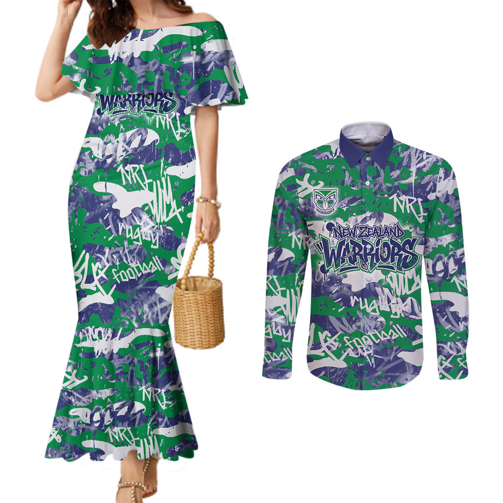 New Zealand Warriors Rugby Couples Matching Mermaid Dress and Long Sleeve Button Shirt Graffiti Typography Urban Camo Abstract Street Style