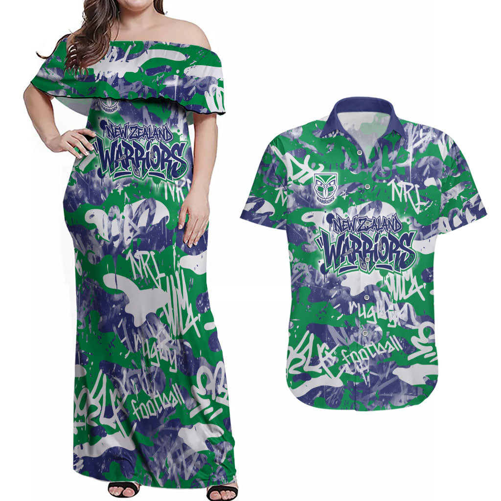 New Zealand Warriors Rugby Couples Matching Off Shoulder Maxi Dress and Hawaiian Shirt Graffiti Typography Urban Camo Abstract Street Style