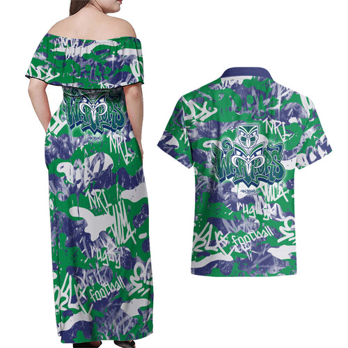 New Zealand Warriors Rugby Couples Matching Off Shoulder Maxi Dress and Hawaiian Shirt Graffiti Typography Urban Camo Abstract Street Style