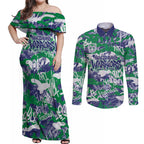 New Zealand Warriors Rugby Couples Matching Off Shoulder Maxi Dress and Long Sleeve Button Shirt Graffiti Typography Urban Camo Abstract Street Style
