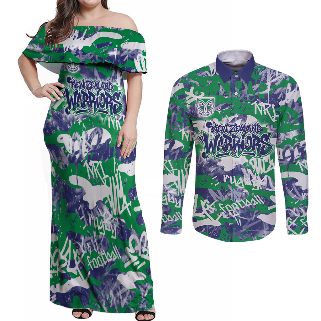 New Zealand Warriors Rugby Couples Matching Off Shoulder Maxi Dress and Long Sleeve Button Shirt Graffiti Typography Urban Camo Abstract Street Style
