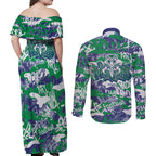 New Zealand Warriors Rugby Couples Matching Off Shoulder Maxi Dress and Long Sleeve Button Shirt Graffiti Typography Urban Camo Abstract Street Style