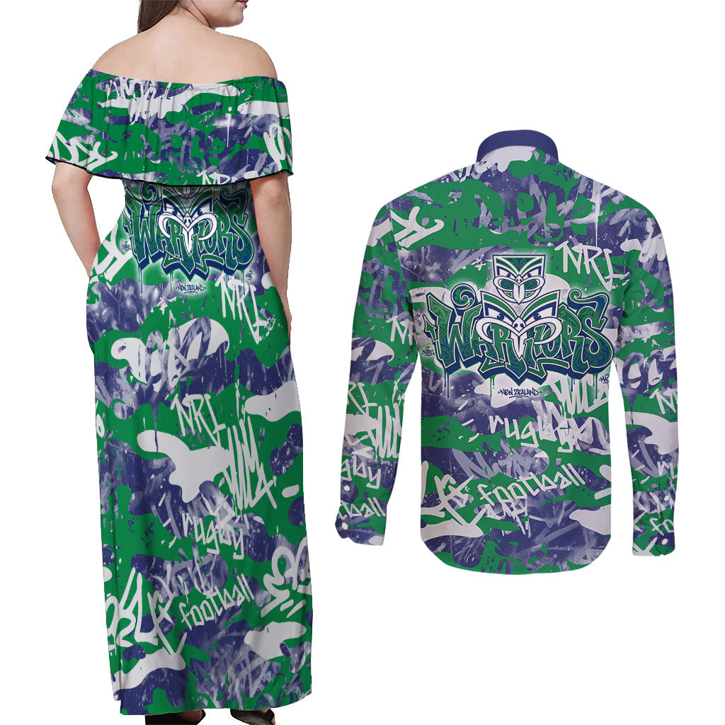 New Zealand Warriors Rugby Couples Matching Off Shoulder Maxi Dress and Long Sleeve Button Shirt Graffiti Typography Urban Camo Abstract Street Style