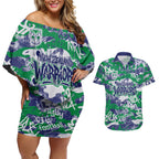 New Zealand Warriors Rugby Couples Matching Off Shoulder Short Dress and Hawaiian Shirt Graffiti Typography Urban Camo Abstract Street Style