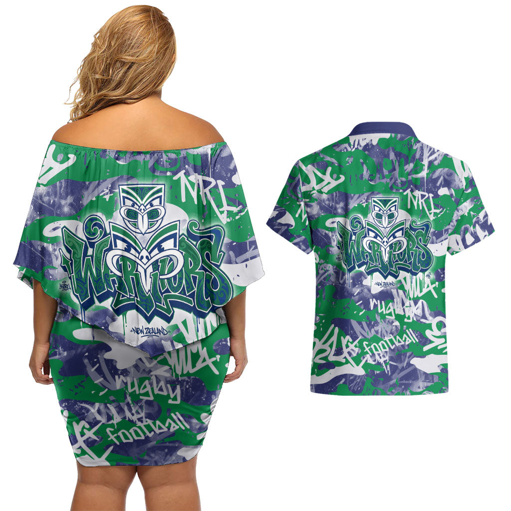 New Zealand Warriors Rugby Couples Matching Off Shoulder Short Dress and Hawaiian Shirt Graffiti Typography Urban Camo Abstract Street Style