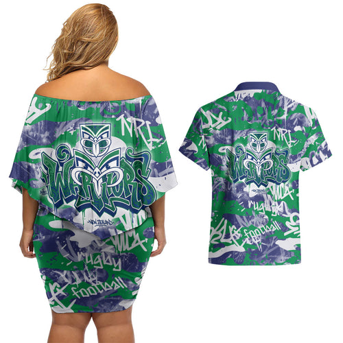 New Zealand Warriors Rugby Couples Matching Off Shoulder Short Dress and Hawaiian Shirt Graffiti Typography Urban Camo Abstract Street Style