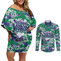 New Zealand Warriors Rugby Couples Matching Off Shoulder Short Dress and Long Sleeve Button Shirt Graffiti Typography Urban Camo Abstract Street Style