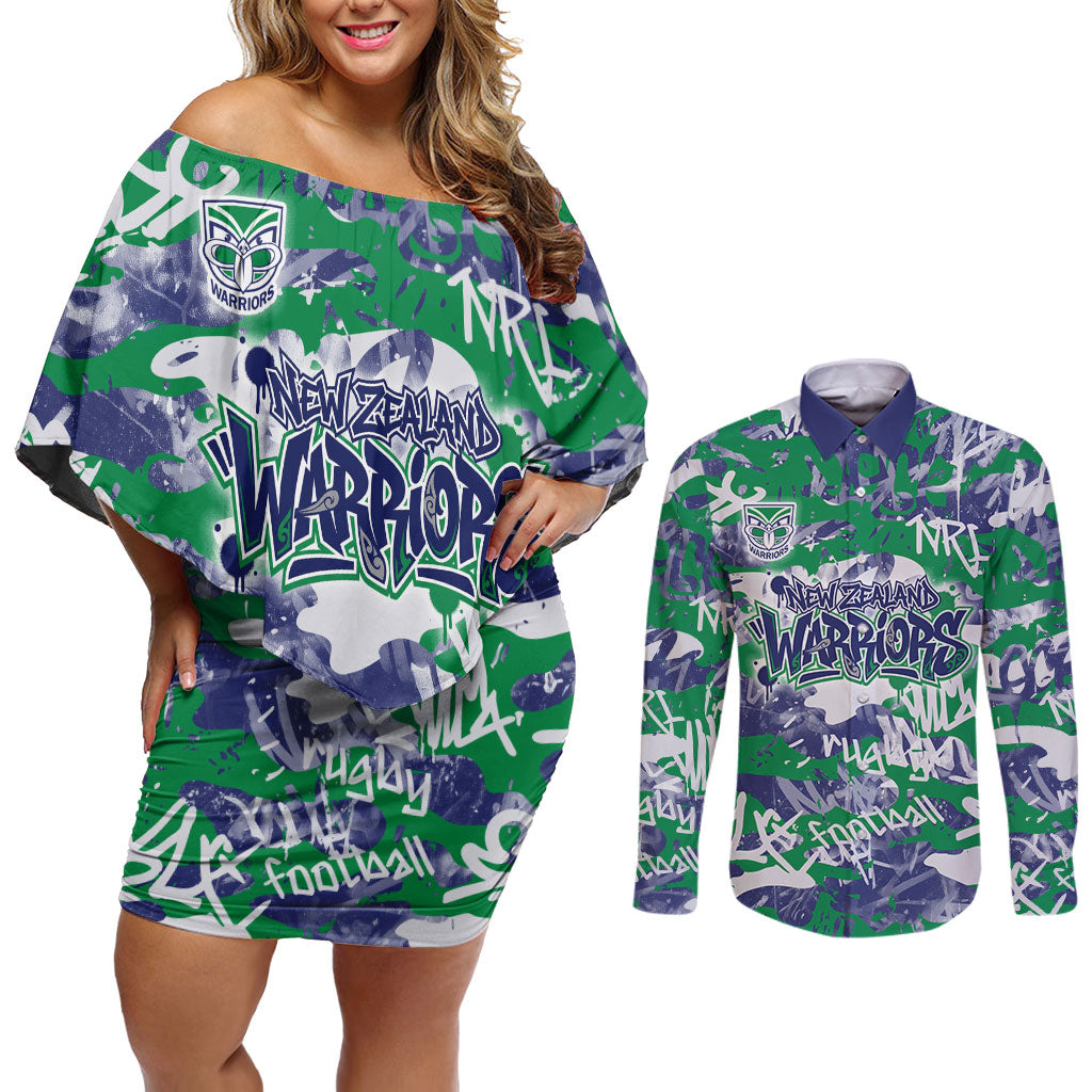 New Zealand Warriors Rugby Couples Matching Off Shoulder Short Dress and Long Sleeve Button Shirt Graffiti Typography Urban Camo Abstract Street Style