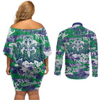 New Zealand Warriors Rugby Couples Matching Off Shoulder Short Dress and Long Sleeve Button Shirt Graffiti Typography Urban Camo Abstract Street Style