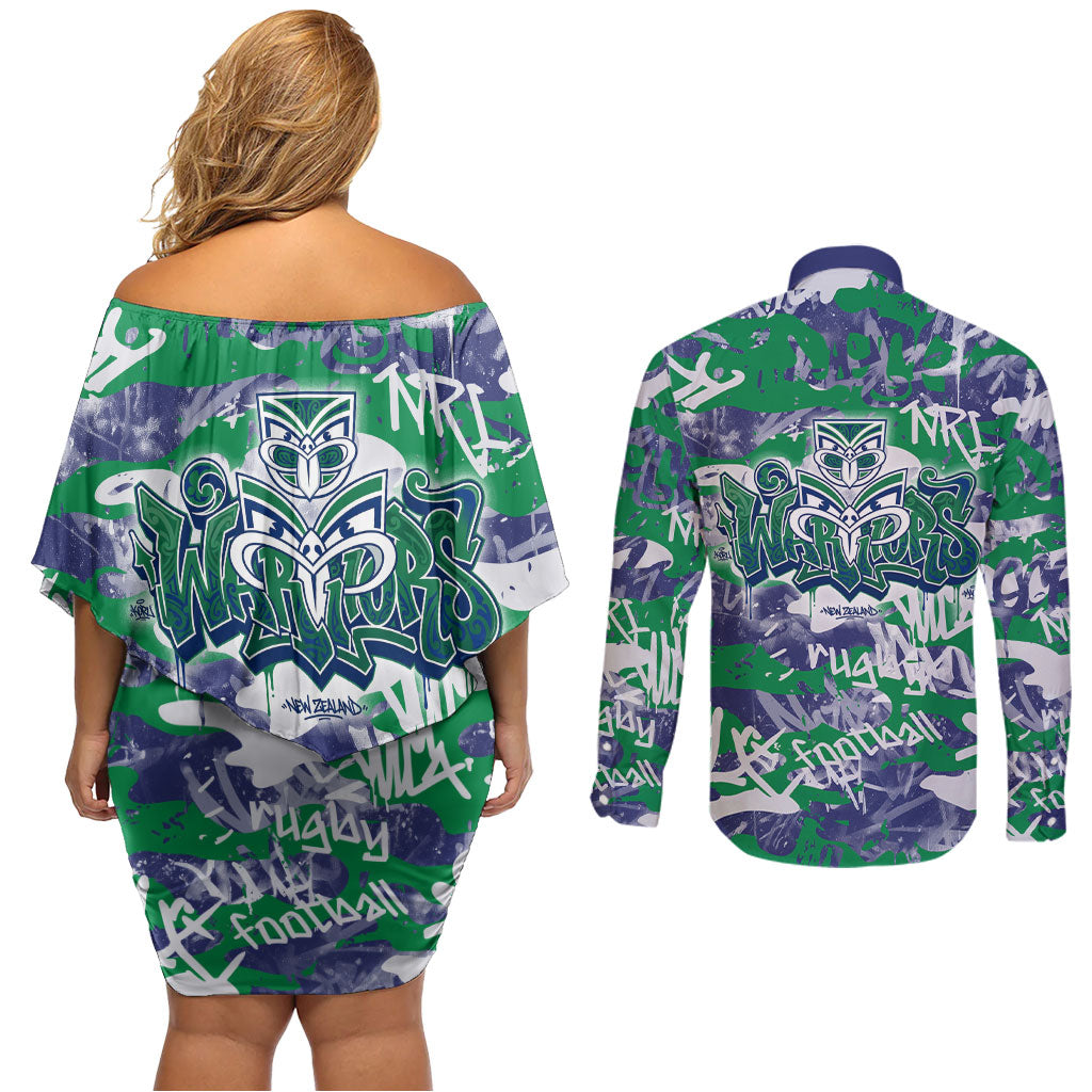 New Zealand Warriors Rugby Couples Matching Off Shoulder Short Dress and Long Sleeve Button Shirt Graffiti Typography Urban Camo Abstract Street Style