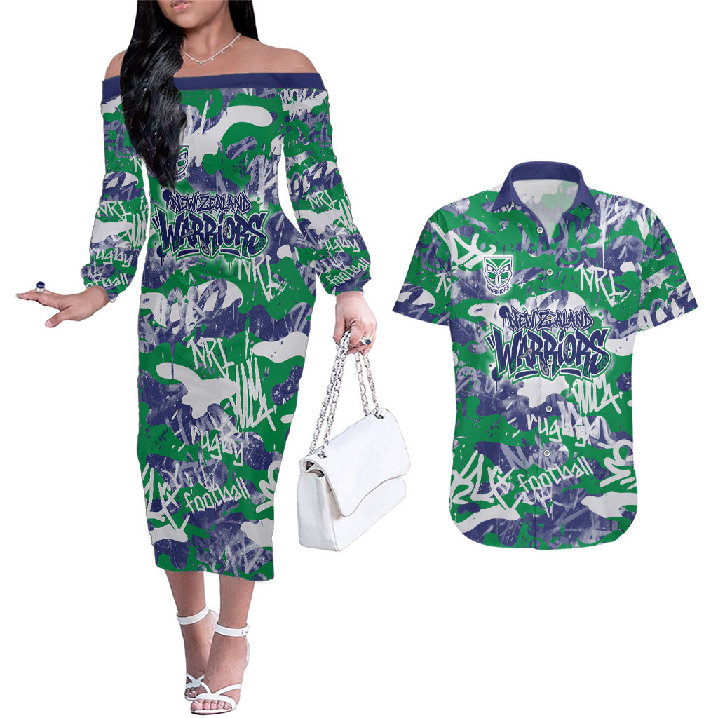 New Zealand Warriors Rugby Couples Matching Off The Shoulder Long Sleeve Dress and Hawaiian Shirt Graffiti Typography Urban Camo Abstract Street Style