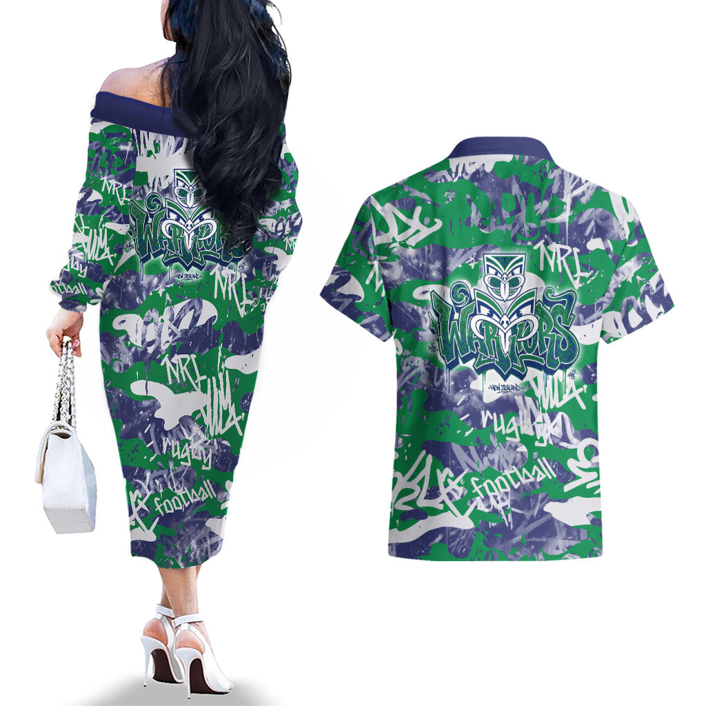 New Zealand Warriors Rugby Couples Matching Off The Shoulder Long Sleeve Dress and Hawaiian Shirt Graffiti Typography Urban Camo Abstract Street Style