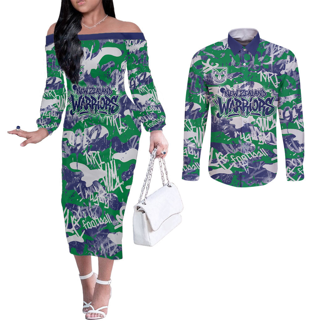 New Zealand Warriors Rugby Couples Matching Off The Shoulder Long Sleeve Dress and Long Sleeve Button Shirt Graffiti Typography Urban Camo Abstract Street Style