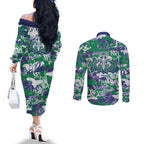 New Zealand Warriors Rugby Couples Matching Off The Shoulder Long Sleeve Dress and Long Sleeve Button Shirt Graffiti Typography Urban Camo Abstract Street Style