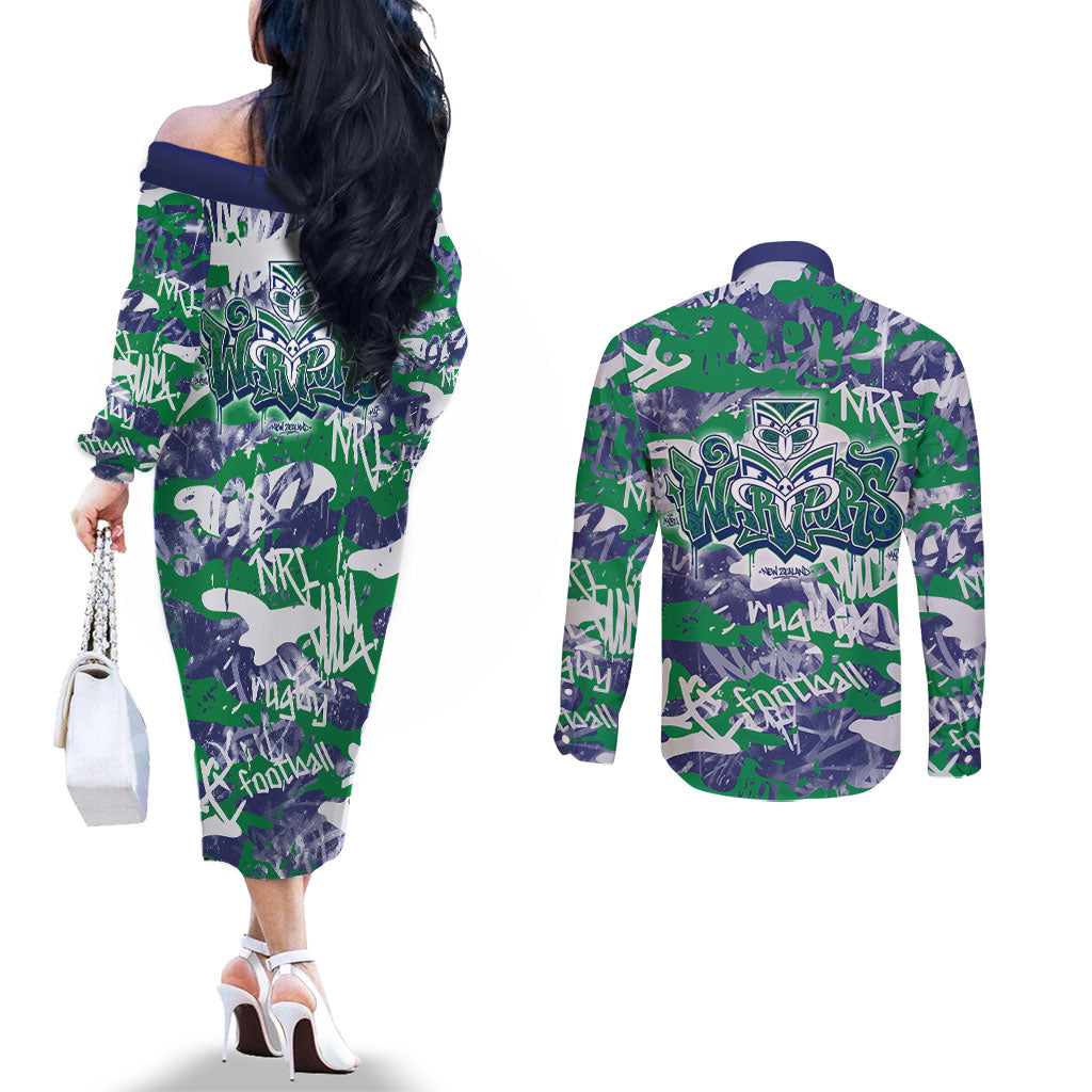New Zealand Warriors Rugby Couples Matching Off The Shoulder Long Sleeve Dress and Long Sleeve Button Shirt Graffiti Typography Urban Camo Abstract Street Style