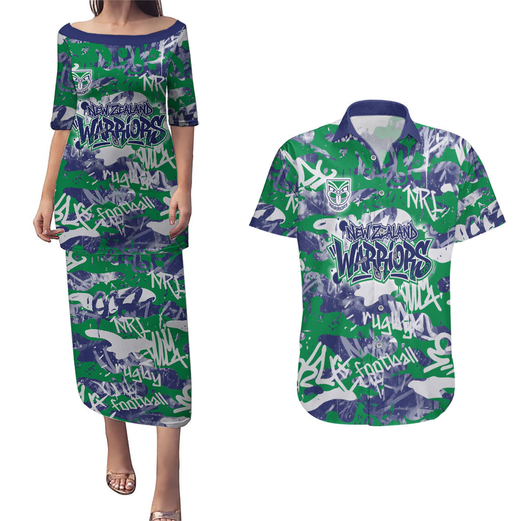 New Zealand Warriors Rugby Couples Matching Puletasi and Hawaiian Shirt Graffiti Typography Urban Camo Abstract Street Style