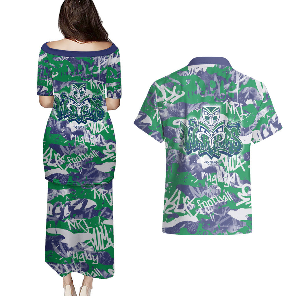 New Zealand Warriors Rugby Couples Matching Puletasi and Hawaiian Shirt Graffiti Typography Urban Camo Abstract Street Style