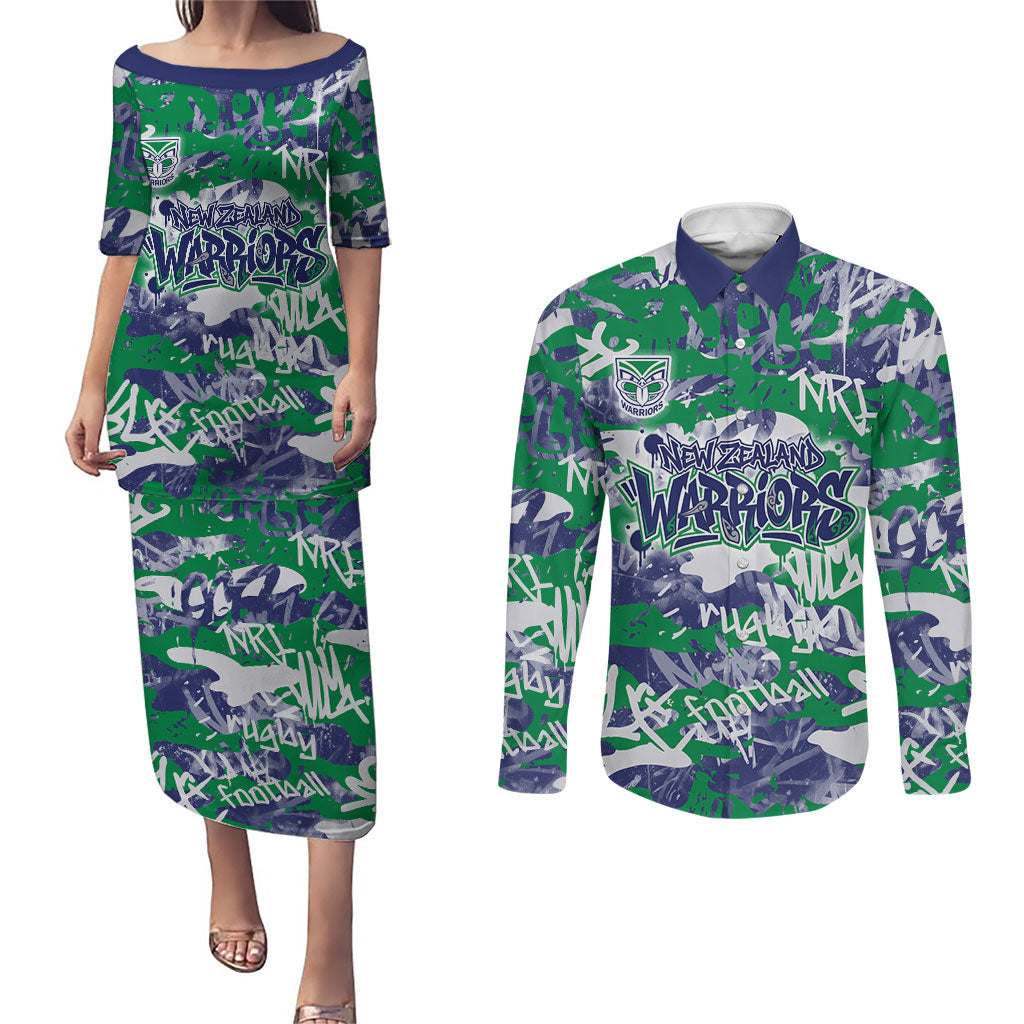 New Zealand Warriors Rugby Couples Matching Puletasi and Long Sleeve Button Shirt Graffiti Typography Urban Camo Abstract Street Style