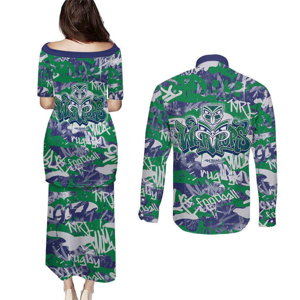 New Zealand Warriors Rugby Couples Matching Puletasi and Long Sleeve Button Shirt Graffiti Typography Urban Camo Abstract Street Style