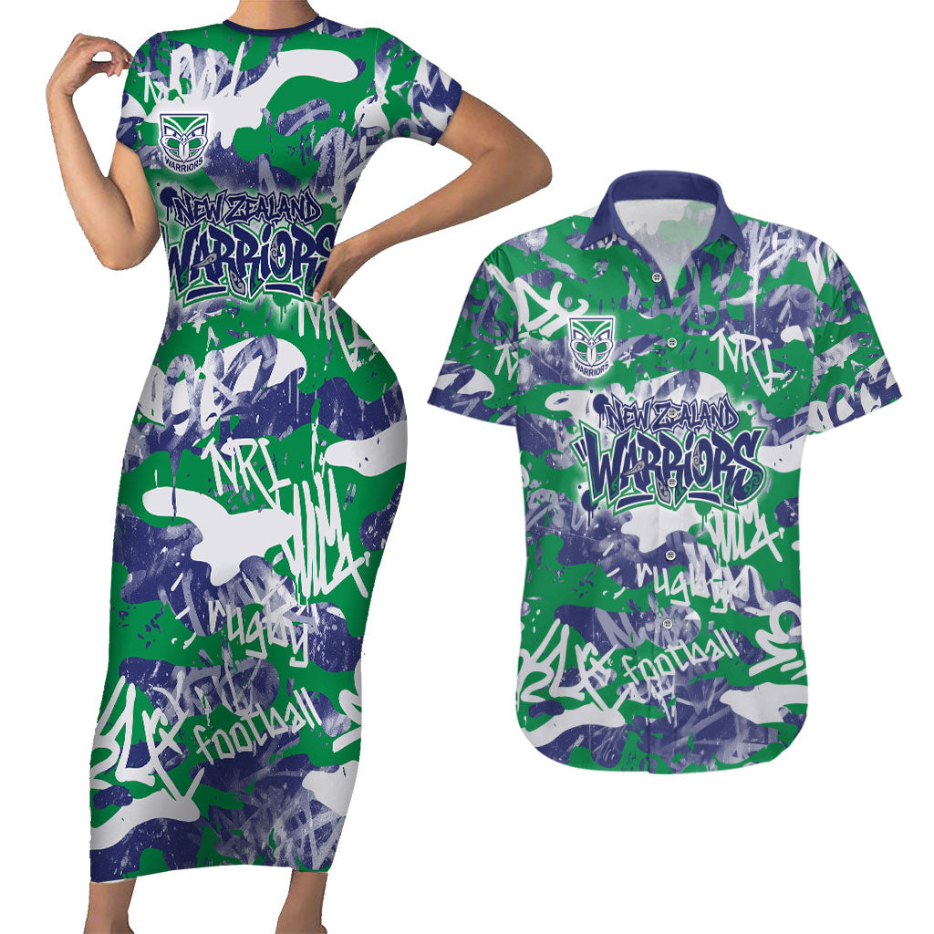 New Zealand Warriors Rugby Couples Matching Short Sleeve Bodycon Dress and Hawaiian Shirt Graffiti Typography Urban Camo Abstract Street Style