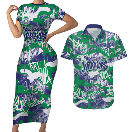 New Zealand Warriors Rugby Couples Matching Short Sleeve Bodycon Dress and Hawaiian Shirt Graffiti Typography Urban Camo Abstract Street Style
