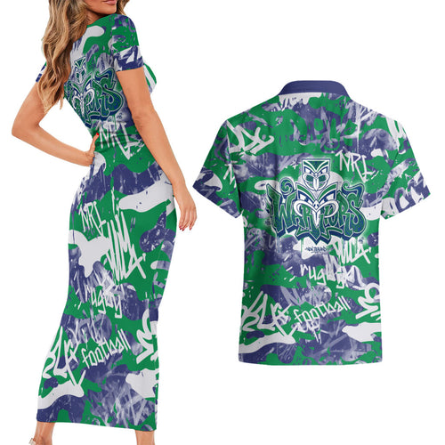 New Zealand Warriors Rugby Couples Matching Short Sleeve Bodycon Dress and Hawaiian Shirt Graffiti Typography Urban Camo Abstract Street Style