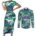 New Zealand Warriors Rugby Couples Matching Short Sleeve Bodycon Dress and Long Sleeve Button Shirt Graffiti Typography Urban Camo Abstract Street Style