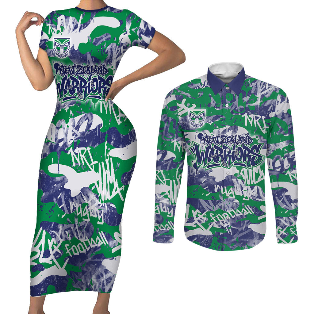 New Zealand Warriors Rugby Couples Matching Short Sleeve Bodycon Dress and Long Sleeve Button Shirt Graffiti Typography Urban Camo Abstract Street Style