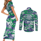 New Zealand Warriors Rugby Couples Matching Short Sleeve Bodycon Dress and Long Sleeve Button Shirt Graffiti Typography Urban Camo Abstract Street Style