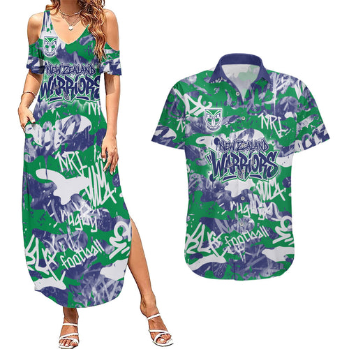 New Zealand Warriors Rugby Couples Matching Summer Maxi Dress and Hawaiian Shirt Graffiti Typography Urban Camo Abstract Street Style