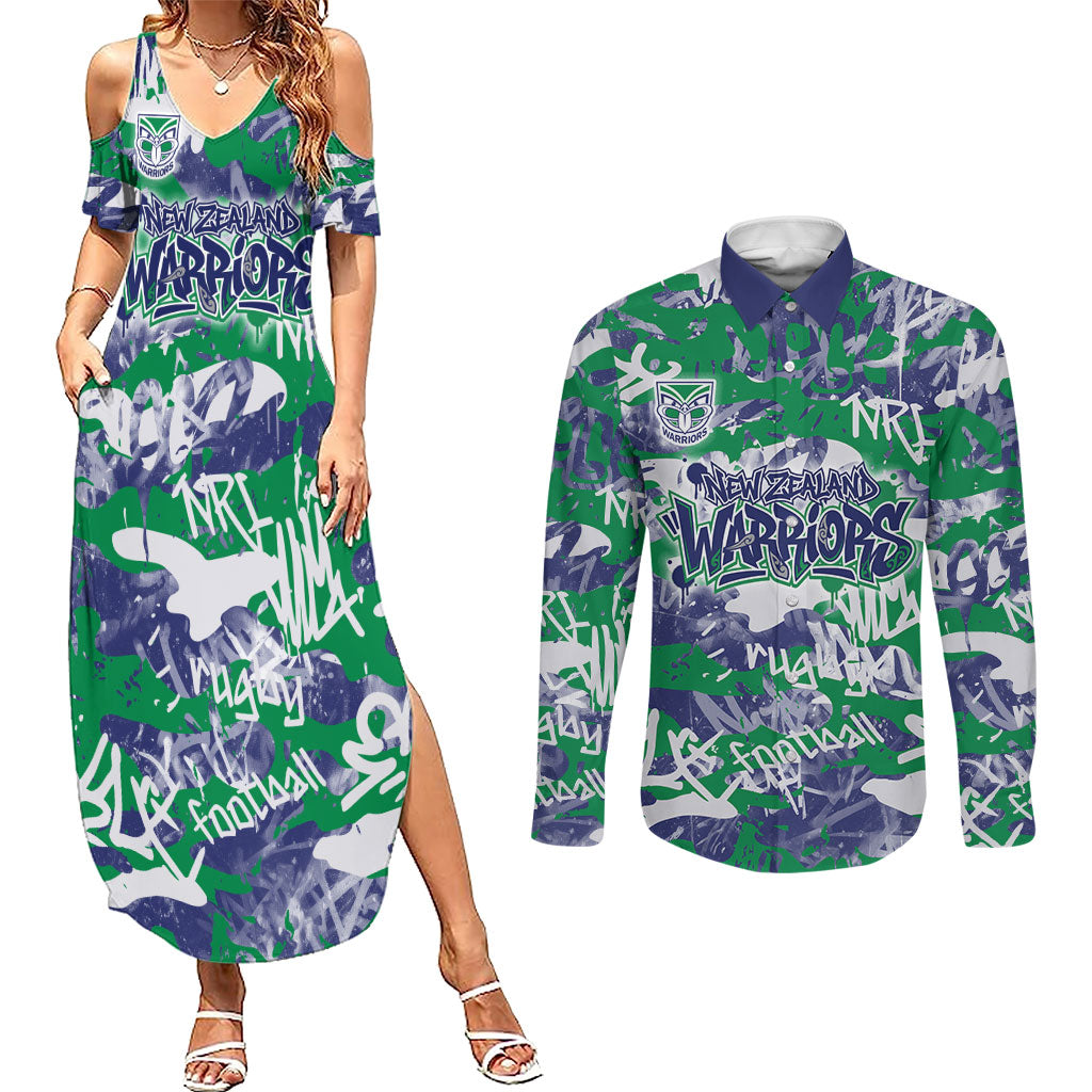New Zealand Warriors Rugby Couples Matching Summer Maxi Dress and Long Sleeve Button Shirt Graffiti Typography Urban Camo Abstract Street Style