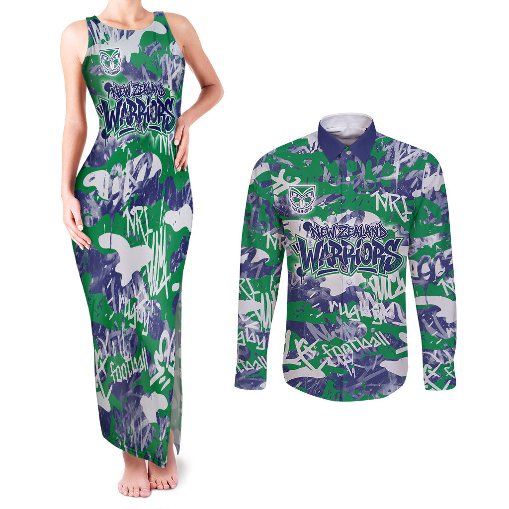New Zealand Warriors Rugby Couples Matching Tank Maxi Dress and Long Sleeve Button Shirt Graffiti Typography Urban Camo Abstract Street Style