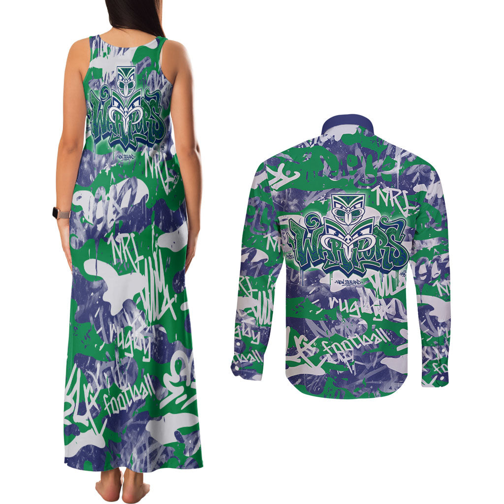 New Zealand Warriors Rugby Couples Matching Tank Maxi Dress and Long Sleeve Button Shirt Graffiti Typography Urban Camo Abstract Street Style