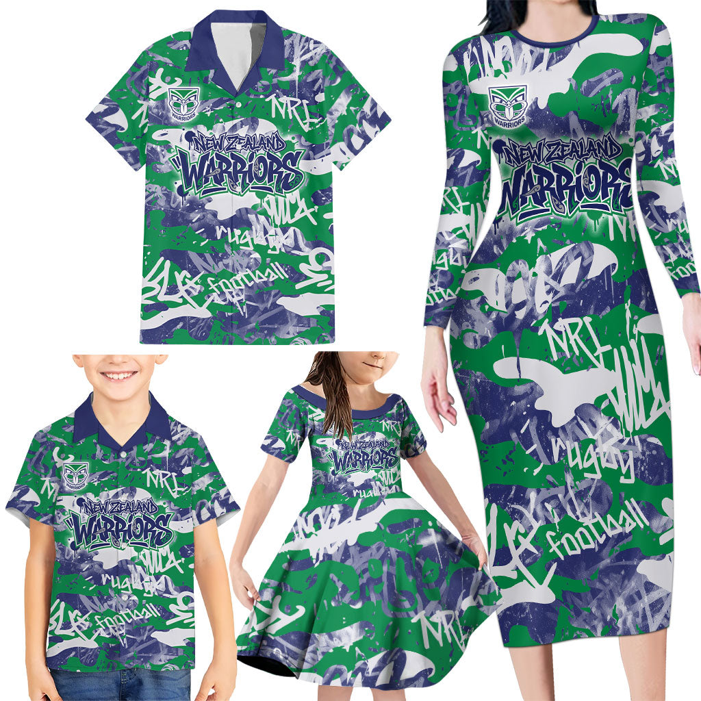 New Zealand Warriors Rugby Family Matching Long Sleeve Bodycon Dress and Hawaiian Shirt Graffiti Typography Urban Camo Abstract Street Style