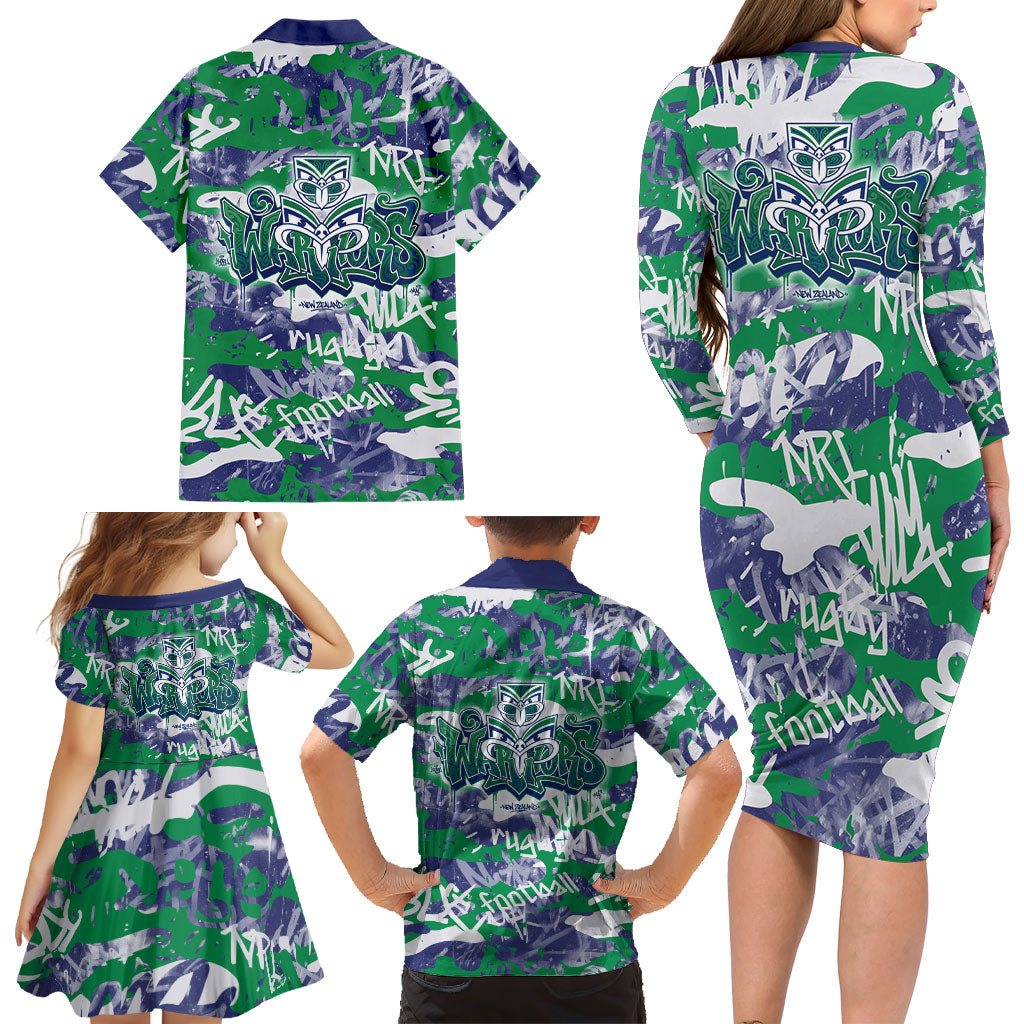 New Zealand Warriors Rugby Family Matching Long Sleeve Bodycon Dress and Hawaiian Shirt Graffiti Typography Urban Camo Abstract Street Style