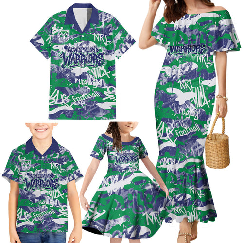 New Zealand Warriors Rugby Family Matching Mermaid Dress and Hawaiian Shirt Graffiti Typography Urban Camo Abstract Street Style