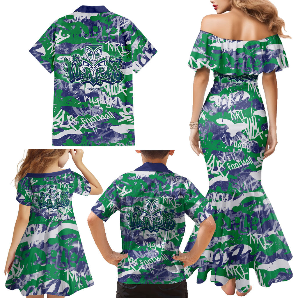 New Zealand Warriors Rugby Family Matching Mermaid Dress and Hawaiian Shirt Graffiti Typography Urban Camo Abstract Street Style