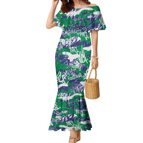 New Zealand Warriors Rugby Family Matching Mermaid Dress and Hawaiian Shirt Graffiti Typography Urban Camo Abstract Street Style