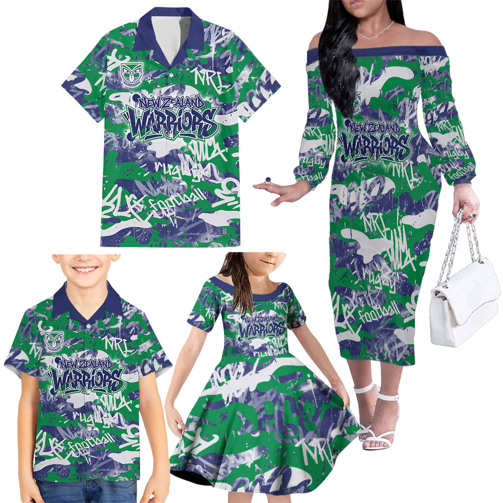 New Zealand Warriors Rugby Family Matching Off The Shoulder Long Sleeve Dress and Hawaiian Shirt Graffiti Typography Urban Camo Abstract Street Style