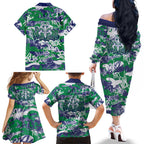 New Zealand Warriors Rugby Family Matching Off The Shoulder Long Sleeve Dress and Hawaiian Shirt Graffiti Typography Urban Camo Abstract Street Style