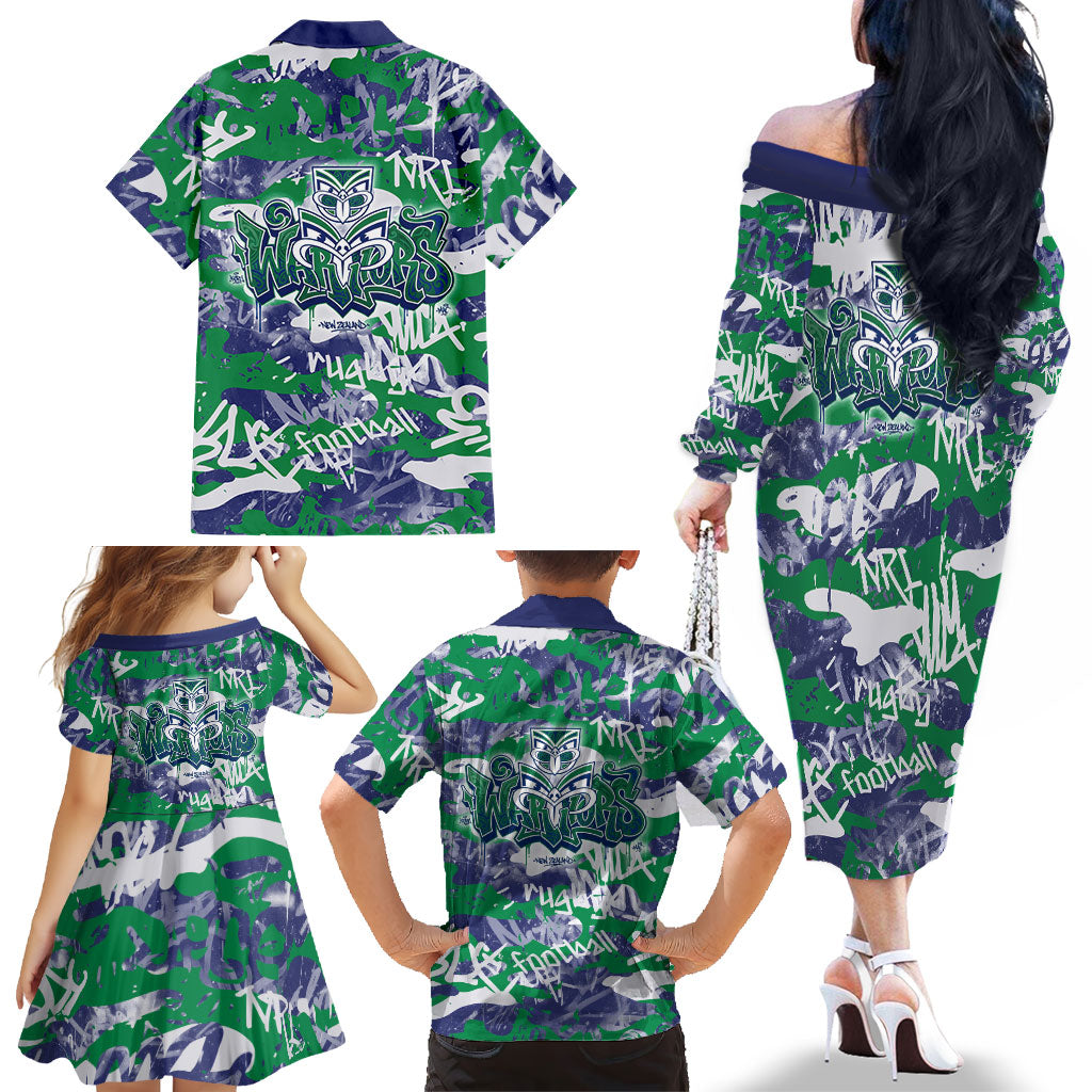 New Zealand Warriors Rugby Family Matching Off The Shoulder Long Sleeve Dress and Hawaiian Shirt Graffiti Typography Urban Camo Abstract Street Style
