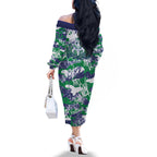 New Zealand Warriors Rugby Family Matching Off The Shoulder Long Sleeve Dress and Hawaiian Shirt Graffiti Typography Urban Camo Abstract Street Style