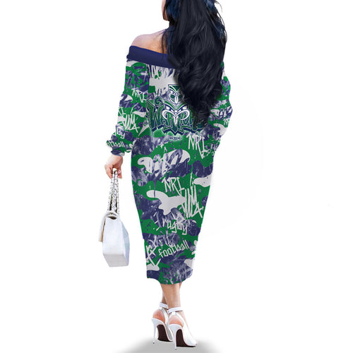 New Zealand Warriors Rugby Family Matching Off The Shoulder Long Sleeve Dress and Hawaiian Shirt Graffiti Typography Urban Camo Abstract Street Style